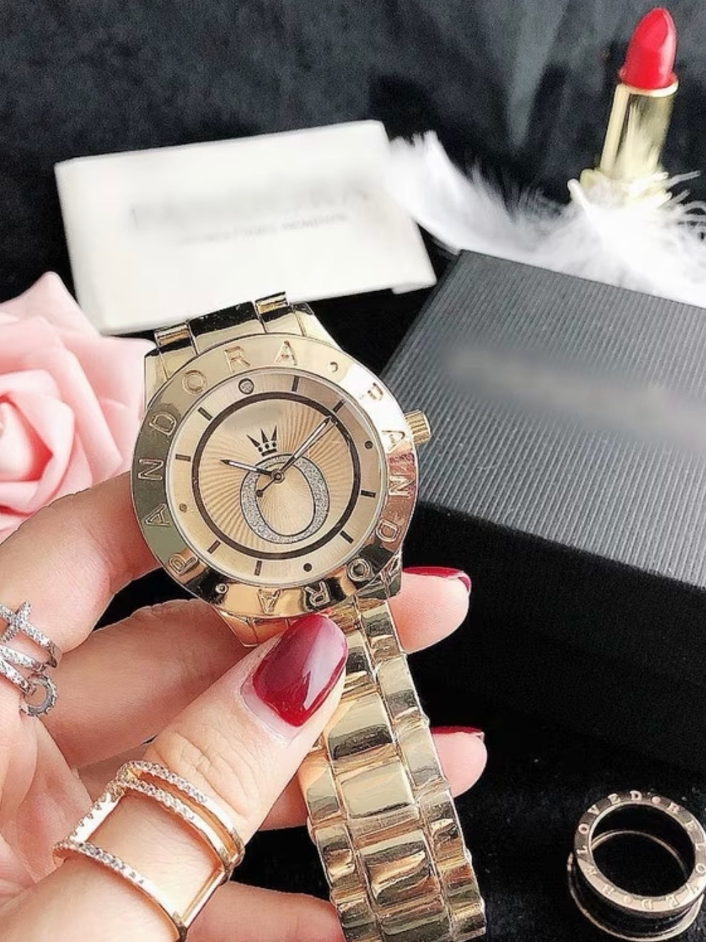 Pandora Gold-Tone Women's Bracelet Watch with Red Accents